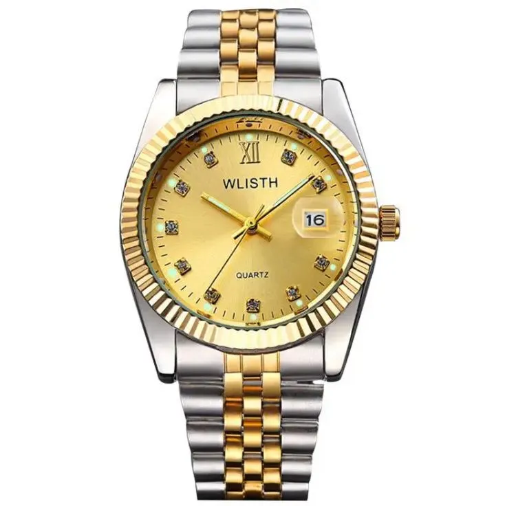 2 Pcs Gold Stainless Steel Wristwatch Calendar Date Clock WLISTH Brand Luxury For Couples S2871874