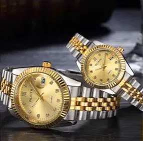 2 Pcs Gold Stainless Steel Wristwatch Calendar Date Clock WLISTH Brand Luxury For Couples S2871874