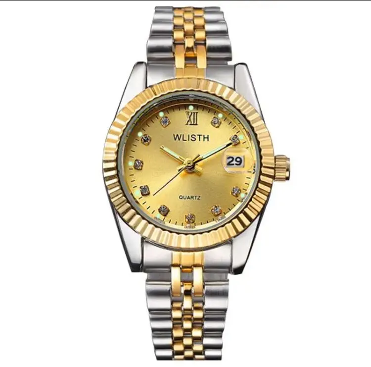 2 Pcs Gold Stainless Steel Wristwatch Calendar Date Clock WLISTH Brand Luxury For Couples S2871874