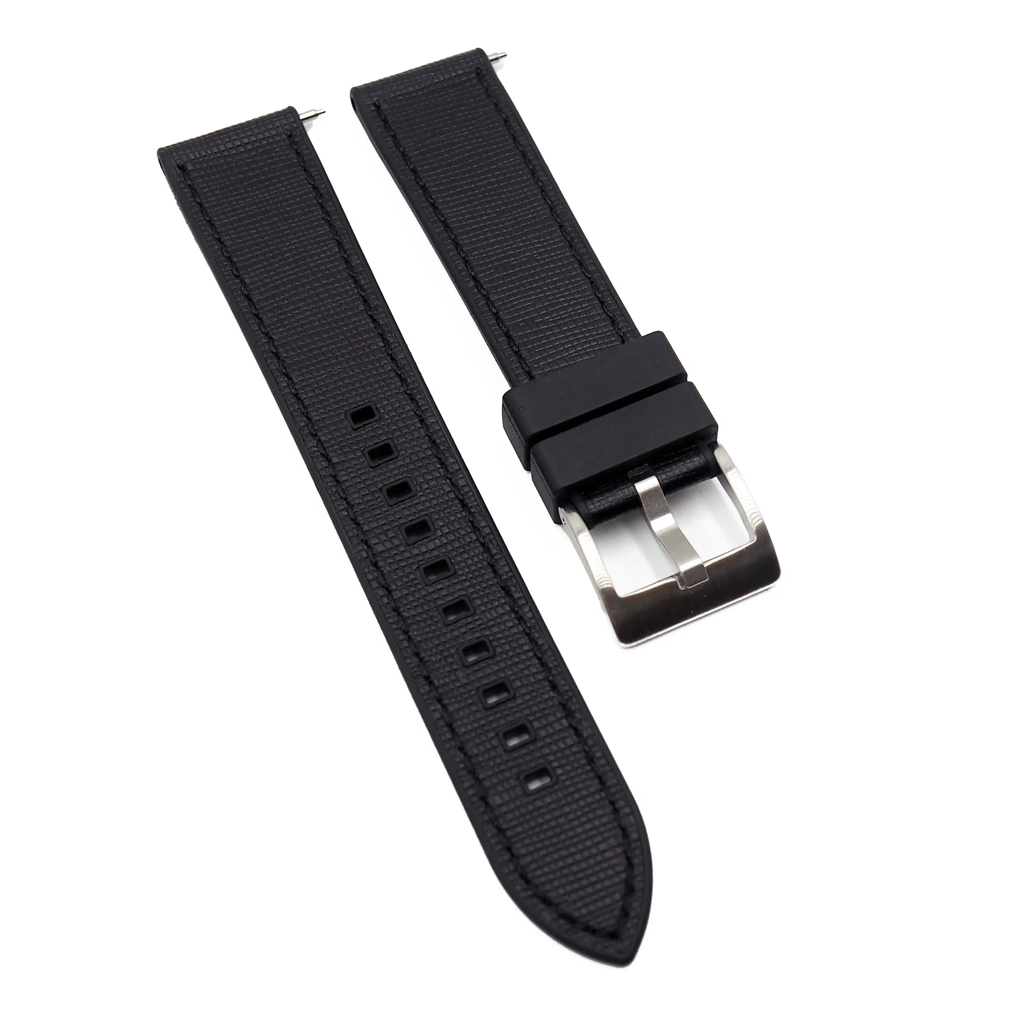 20mm, 22mm Hybrid Black Saffiano Leather FKM Rubber Watch Strap, Quick Release Spring Bars