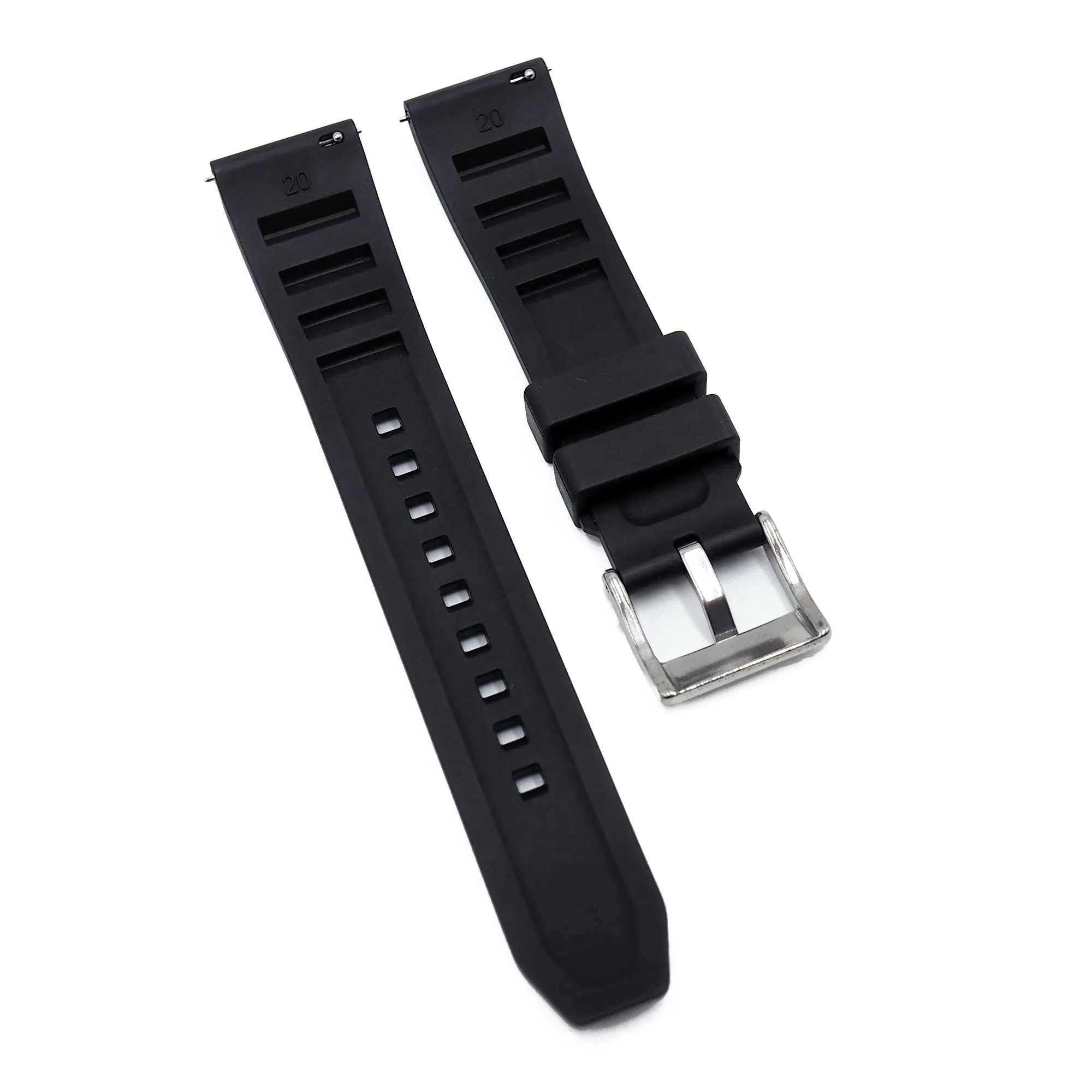 20mm RM Vented Pattern Straight End Black FKM Rubber Watch Strap, Quick Release Spring Bars