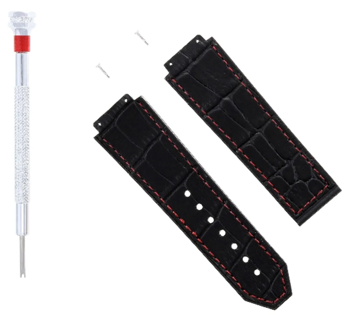 24MM ALLIGATOR LEATHER BAND STRAP FOR HUBLOT H BIG BANG BLACK RED ST   2SC   SD