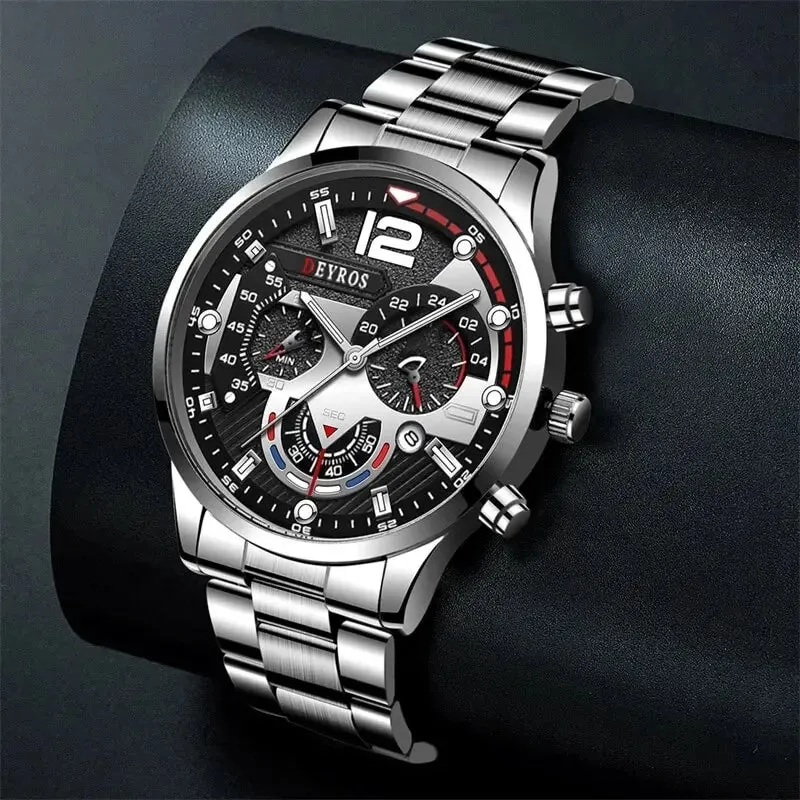 2pcs Luxury Men's Silver Quartz Watch with Stainless Steel Bracelet - Fashion Business Casual Luminous Watches