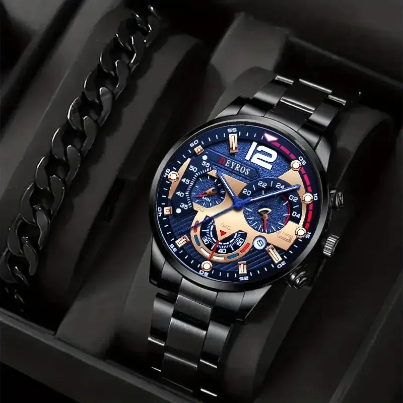 2pcs Luxury Men's Silver Quartz Watch with Stainless Steel Bracelet - Fashion Business Casual Luminous Watches