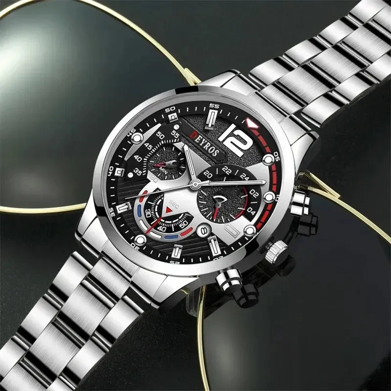 2pcs Luxury Men's Silver Quartz Watch with Stainless Steel Bracelet - Fashion Business Casual Luminous Watches