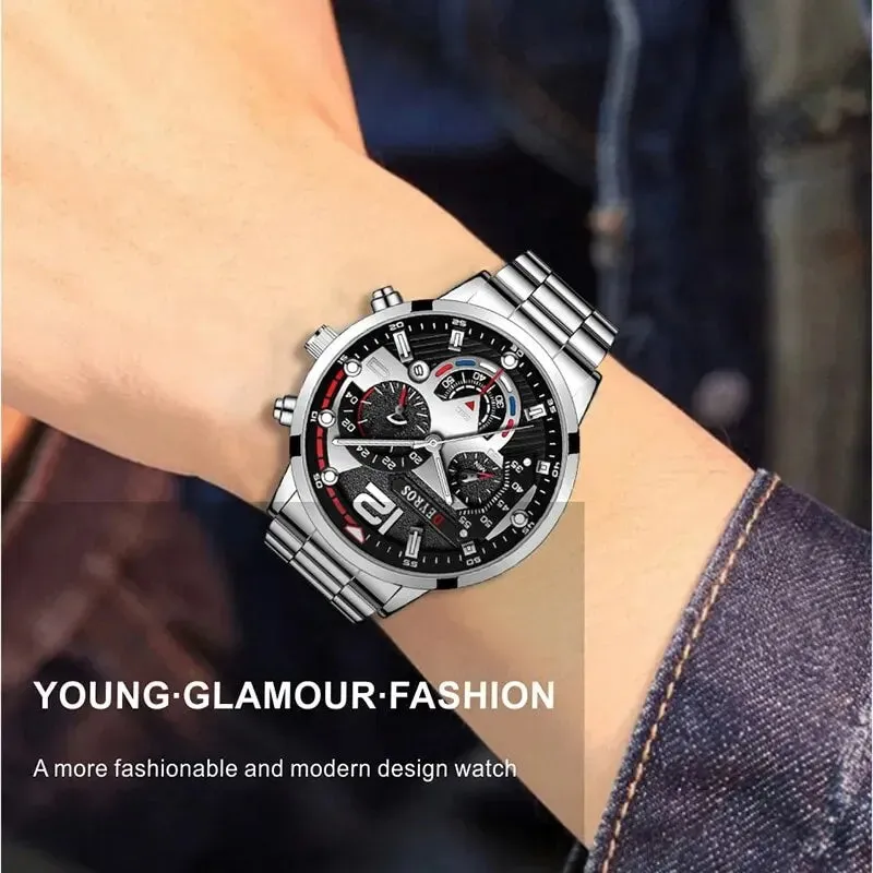 2pcs Luxury Men's Silver Quartz Watch with Stainless Steel Bracelet - Fashion Business Casual Luminous Watches