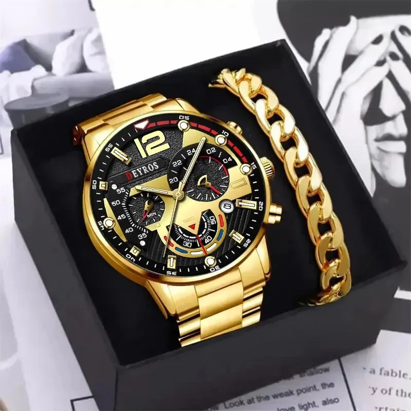 2pcs Luxury Men's Silver Quartz Watch with Stainless Steel Bracelet - Fashion Business Casual Luminous Watches