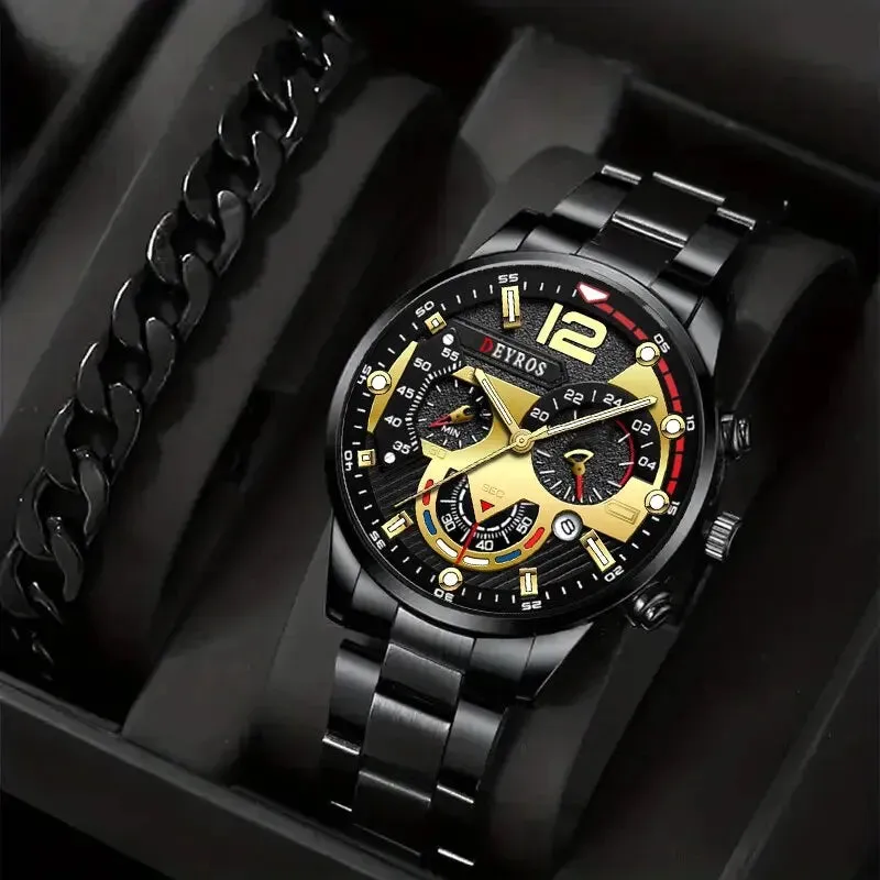 2pcs Luxury Men's Silver Quartz Watch with Stainless Steel Bracelet - Fashion Business Casual Luminous Watches