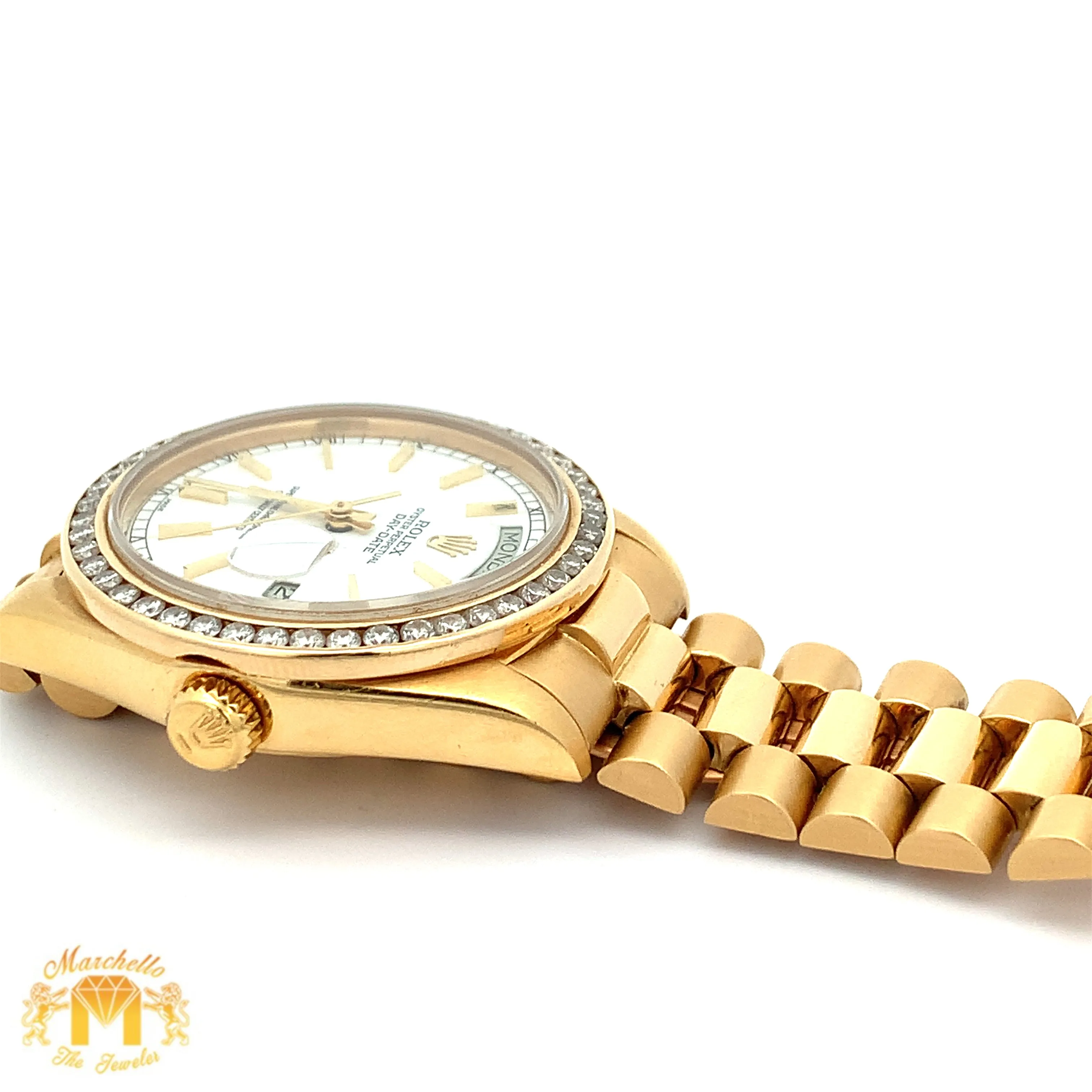 36mm 18k Yellow Gold Rolex Day-Date Watch (diamond bezel, quick set)