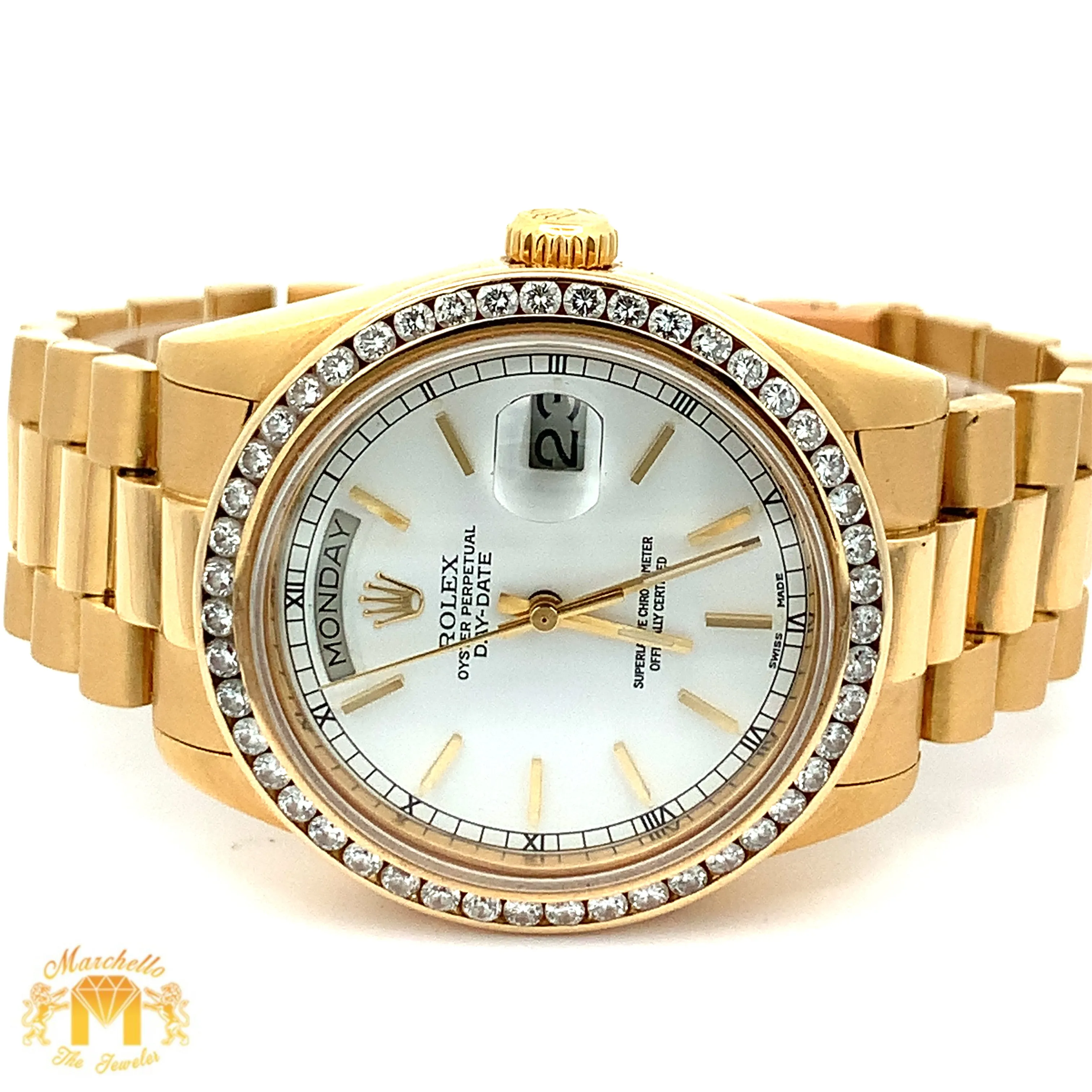 36mm 18k Yellow Gold Rolex Day-Date Watch (diamond bezel, quick set)