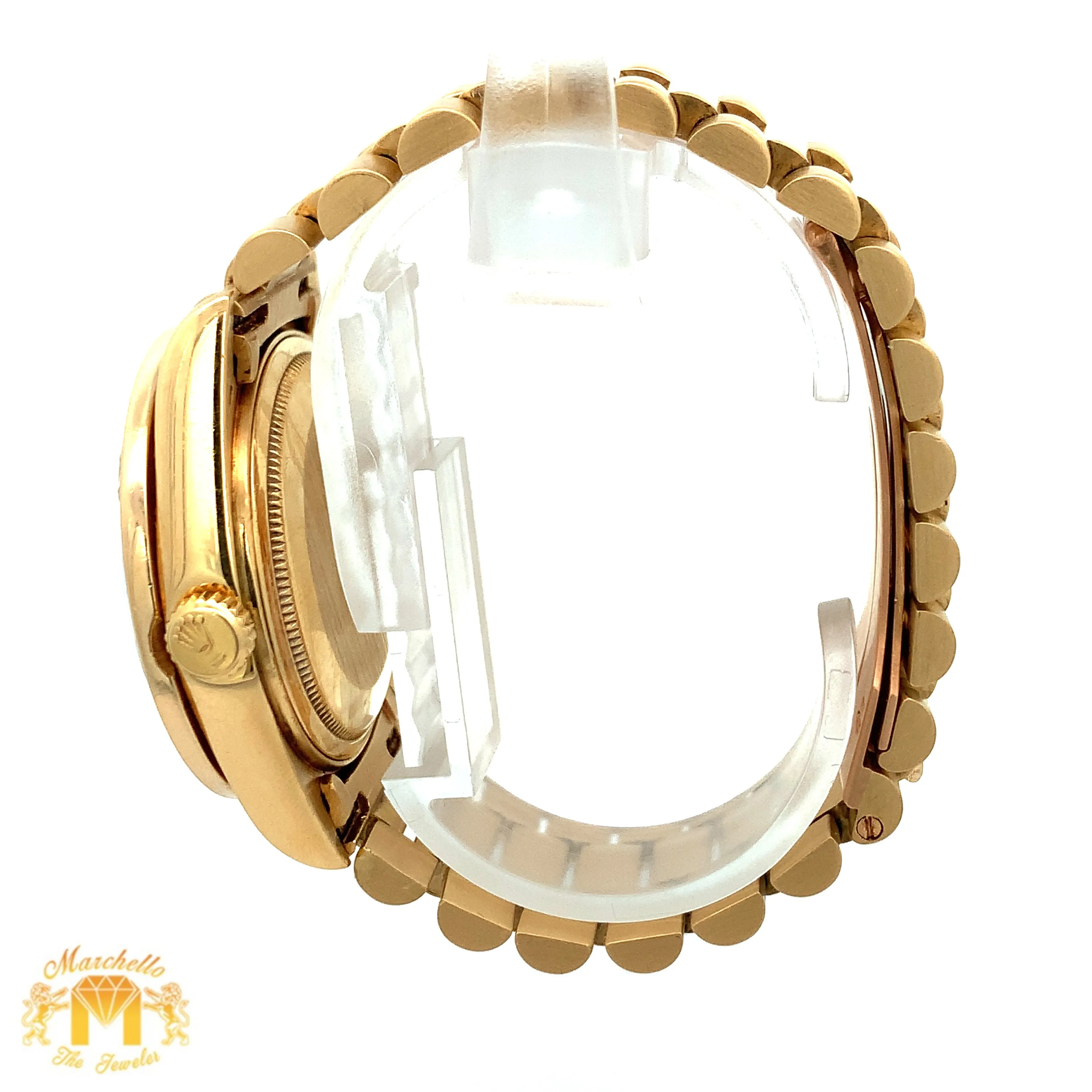 36mm 18k Yellow Gold Rolex Day-Date Watch (diamond bezel, quick set)