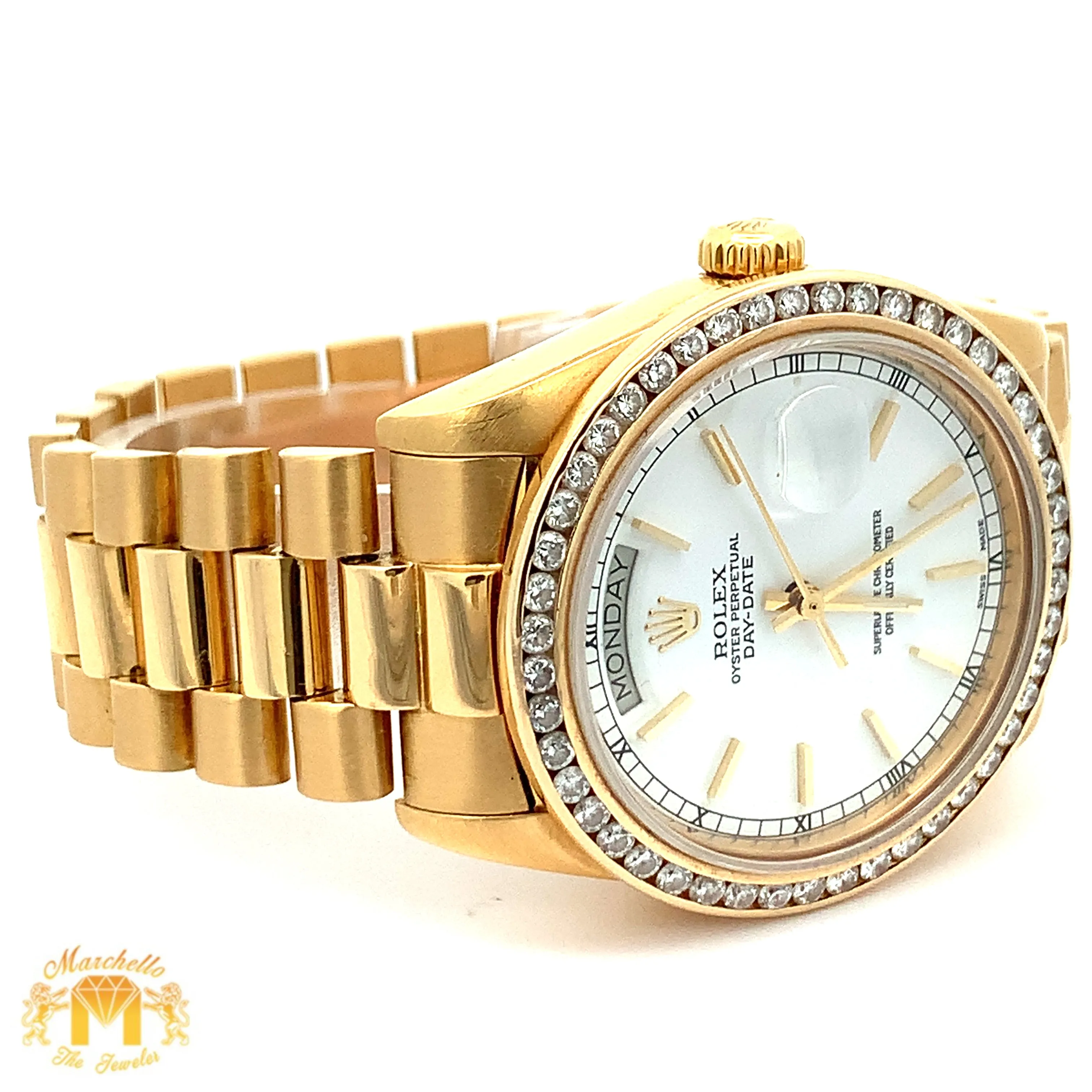 36mm 18k Yellow Gold Rolex Day-Date Watch (diamond bezel, quick set)