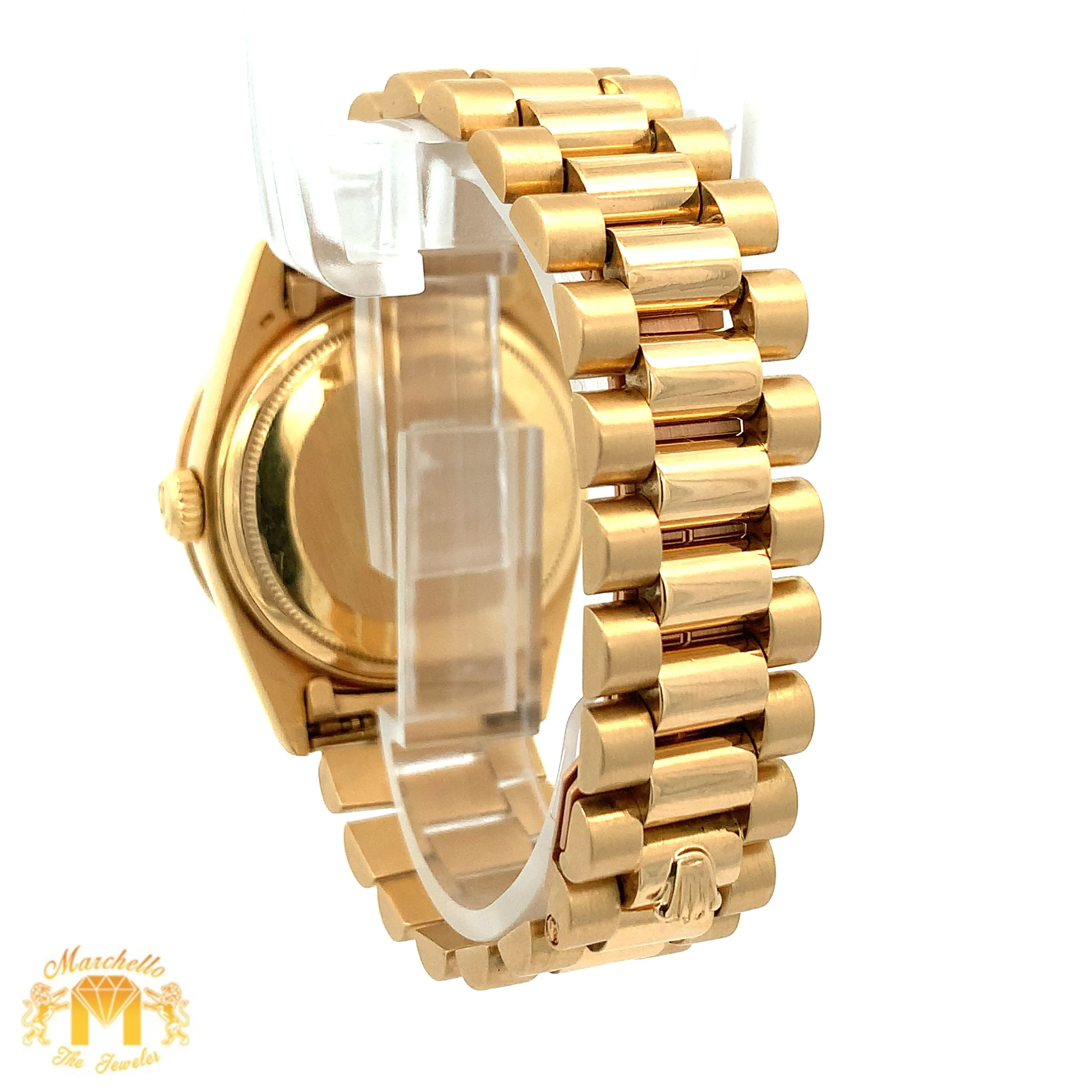 36mm 18k Yellow Gold Rolex Day-Date Watch (diamond bezel, quick set)