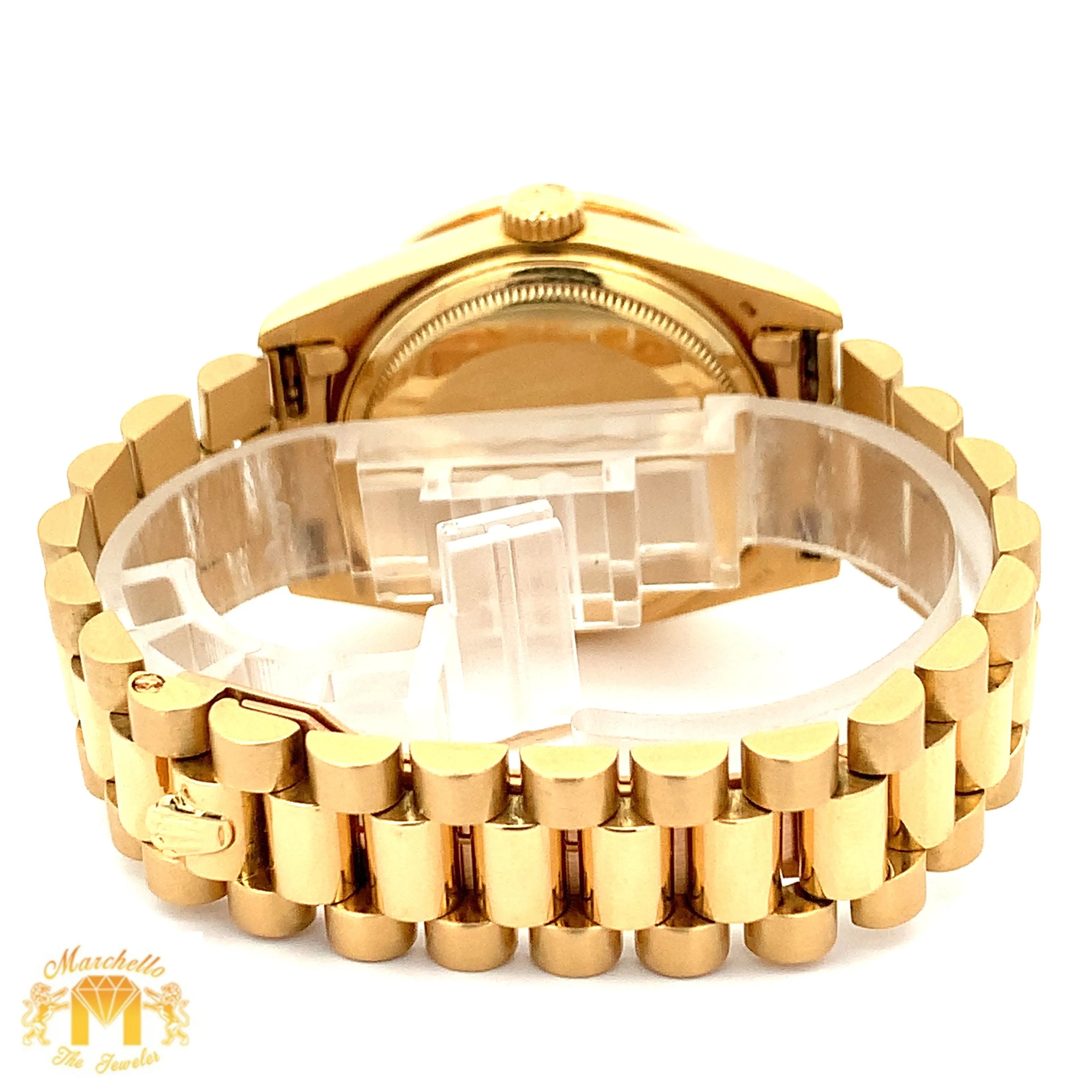 36mm 18k Yellow Gold Rolex Day-Date Watch (diamond bezel, quick set)