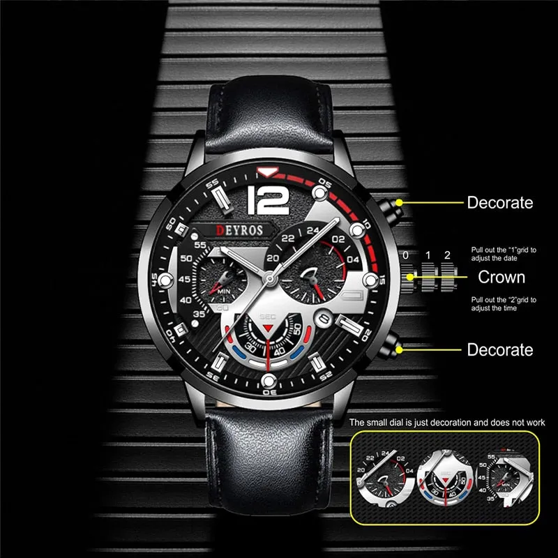 5pcs Set Necklace Bracelet Ring Mens Fashion Calendar Watches Men