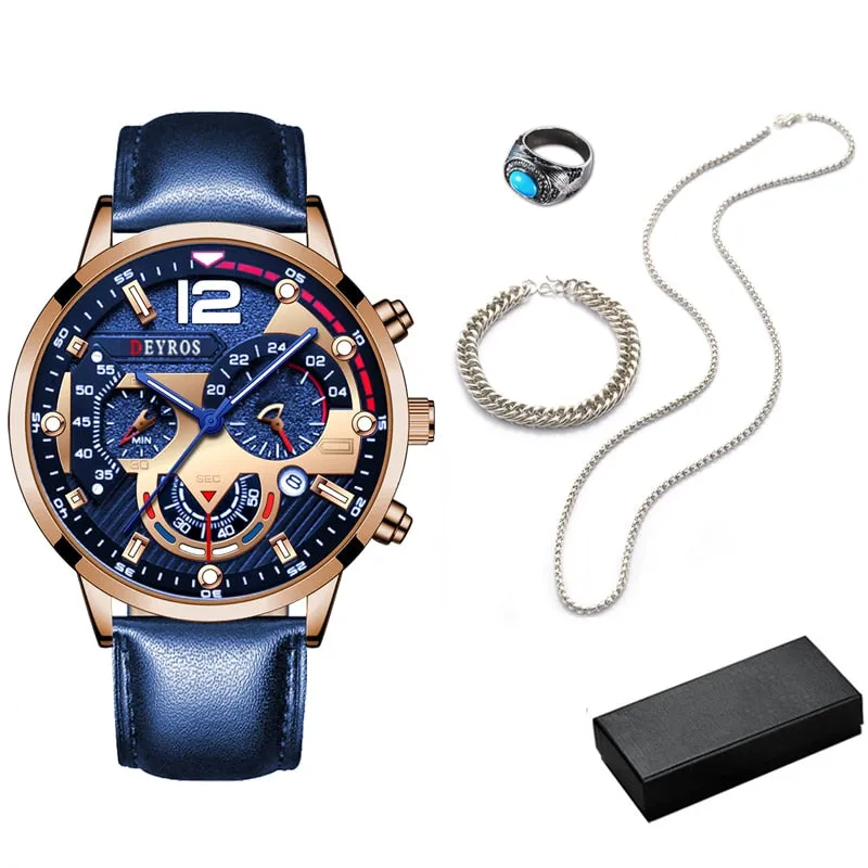 5pcs Set Necklace Bracelet Ring Mens Fashion Calendar Watches Men
