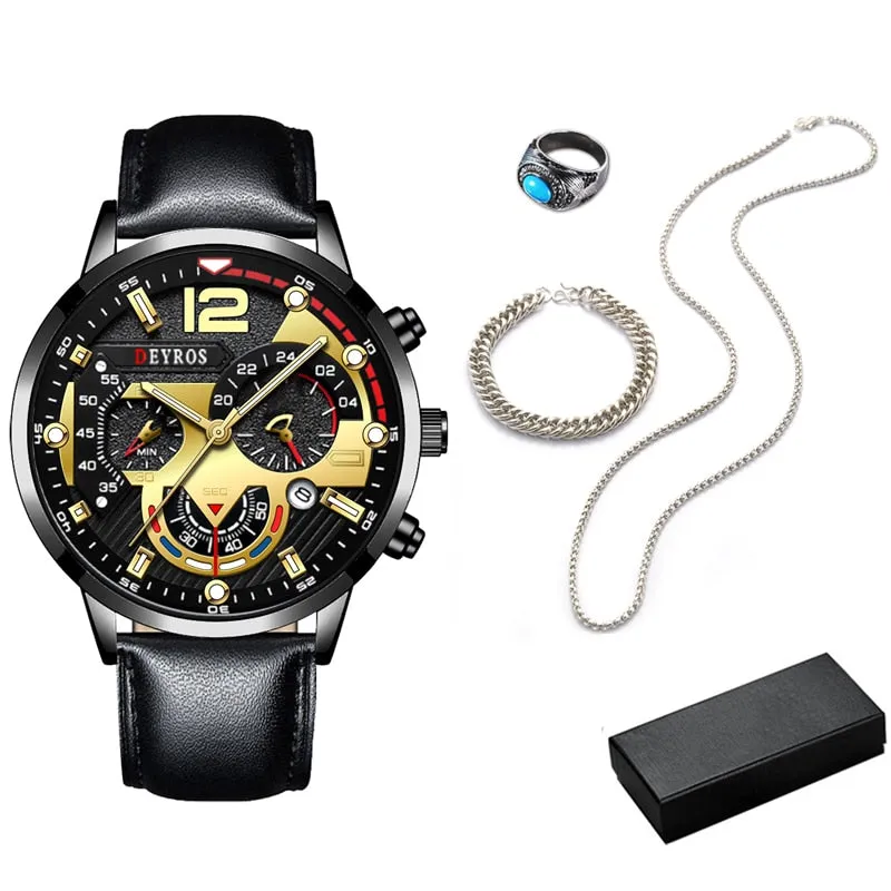 5pcs Set Necklace Bracelet Ring Mens Fashion Calendar Watches Men