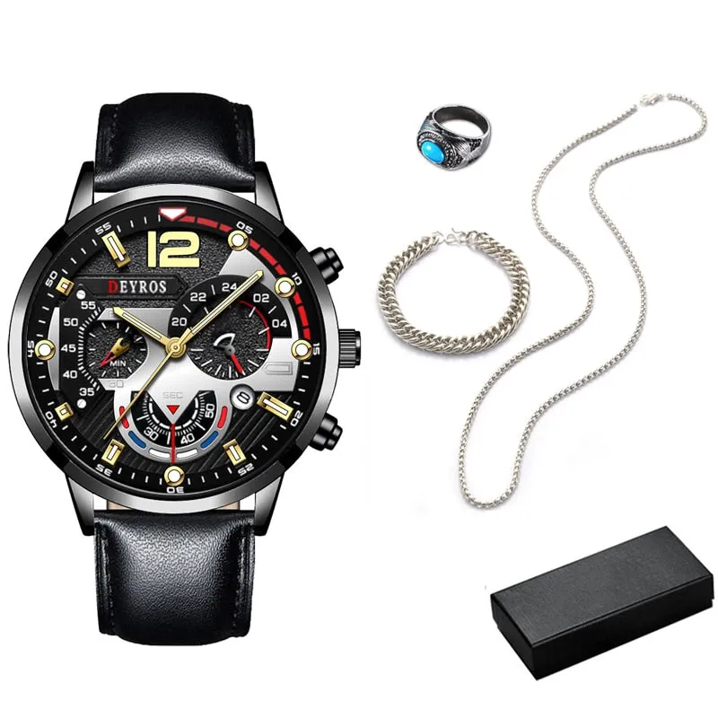 5pcs Set Necklace Bracelet Ring Mens Fashion Calendar Watches Men