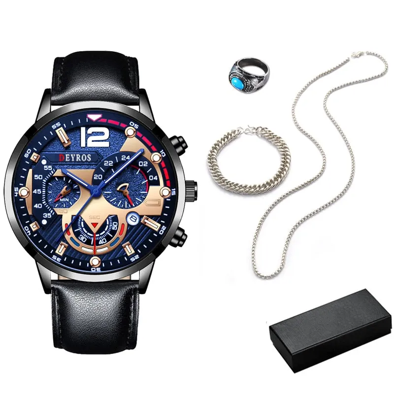 5pcs Set Necklace Bracelet Ring Mens Fashion Calendar Watches Men