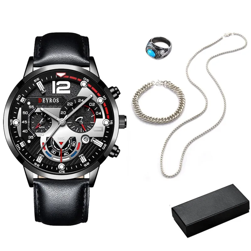 5pcs Set Necklace Bracelet Ring Mens Fashion Calendar Watches Men