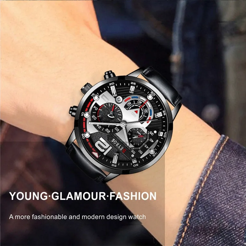5pcs Set Necklace Bracelet Ring Mens Fashion Calendar Watches Men