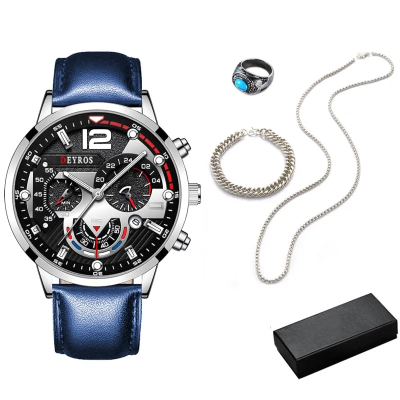 5pcs Set Necklace Bracelet Ring Mens Fashion Calendar Watches Men