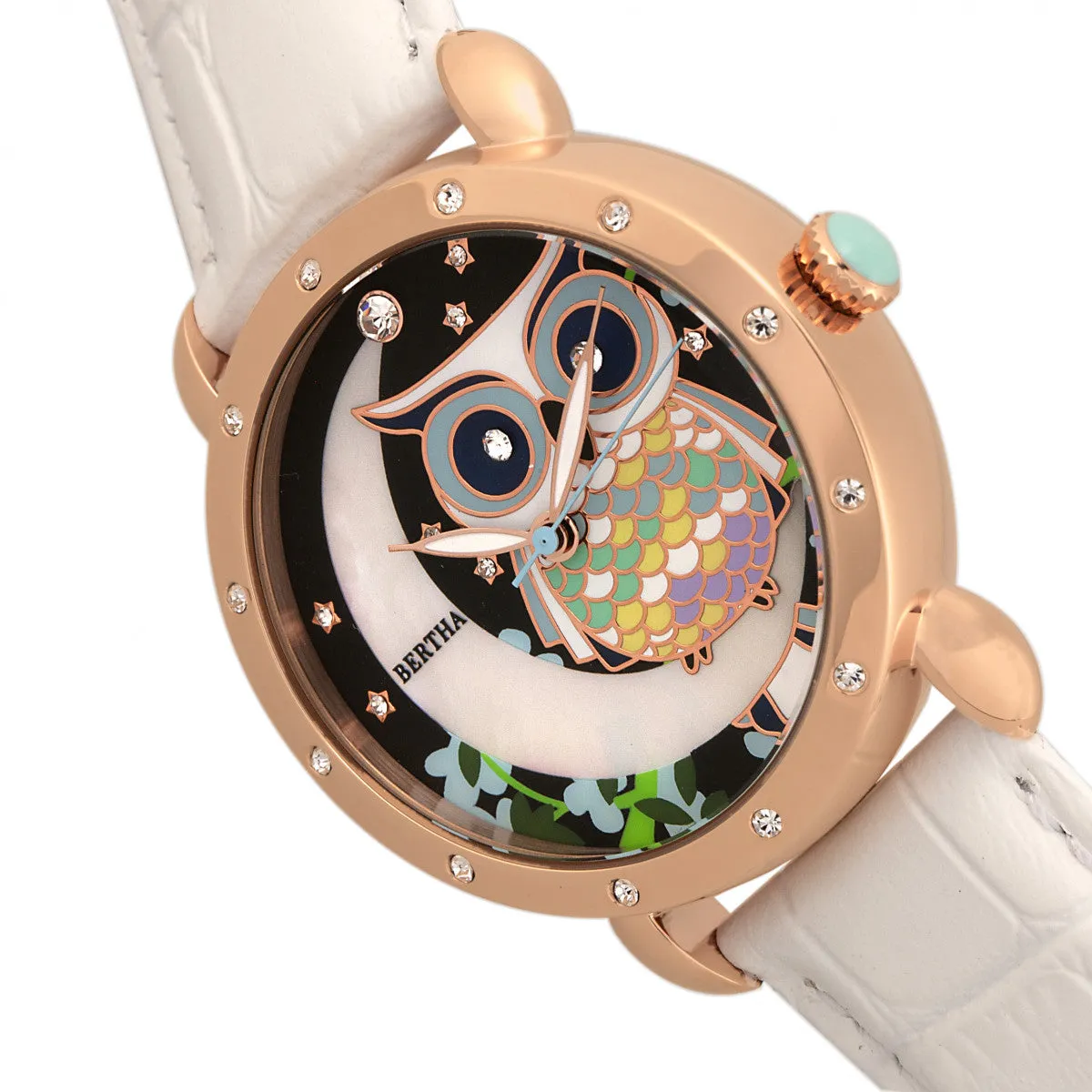 Bertha Ashley MOP Leather-Band Ladies Watch - Rose Gold/White