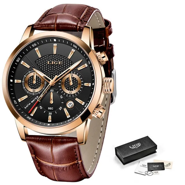 Black Leather Waterproof Sport Quartz Chronograph Wristwatches