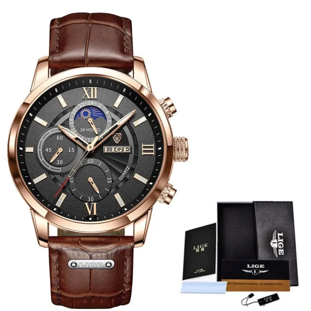 Black Leather Waterproof Sport Quartz Chronograph Wristwatches