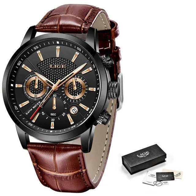 Black Leather Waterproof Sport Quartz Chronograph Wristwatches