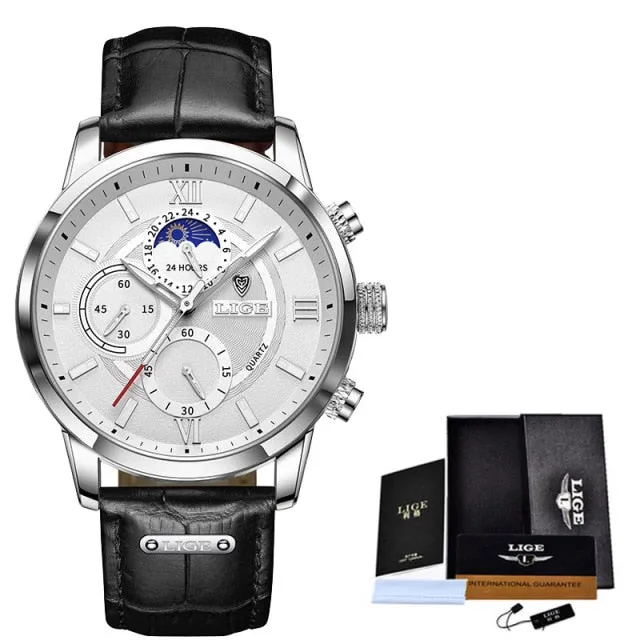 Black Leather Waterproof Sport Quartz Chronograph Wristwatches