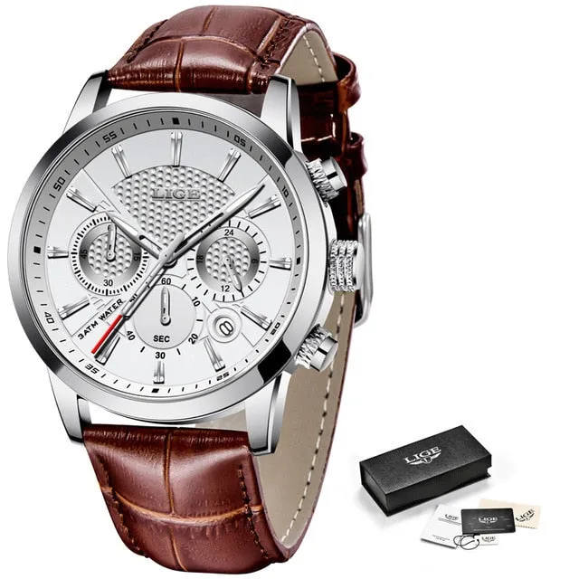 Black Leather Waterproof Sport Quartz Chronograph Wristwatches