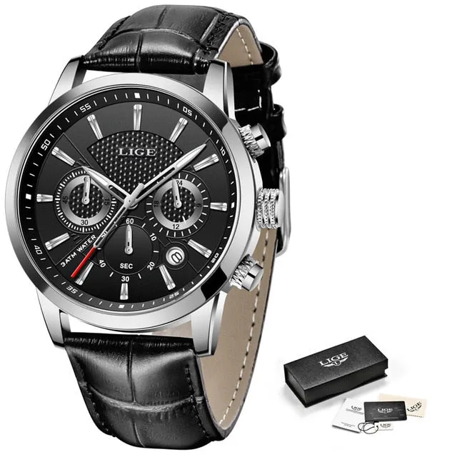 Black Leather Waterproof Sport Quartz Chronograph Wristwatches