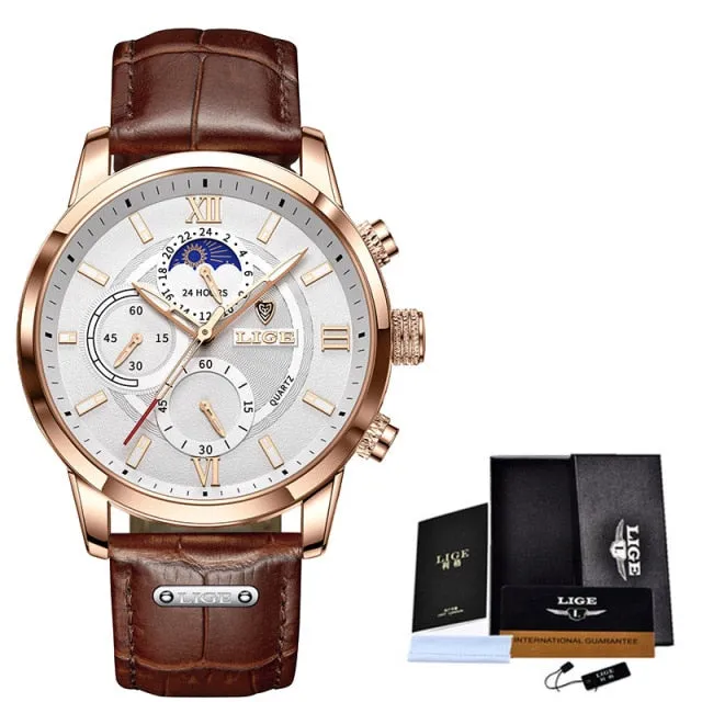 Black Leather Waterproof Sport Quartz Chronograph Wristwatches