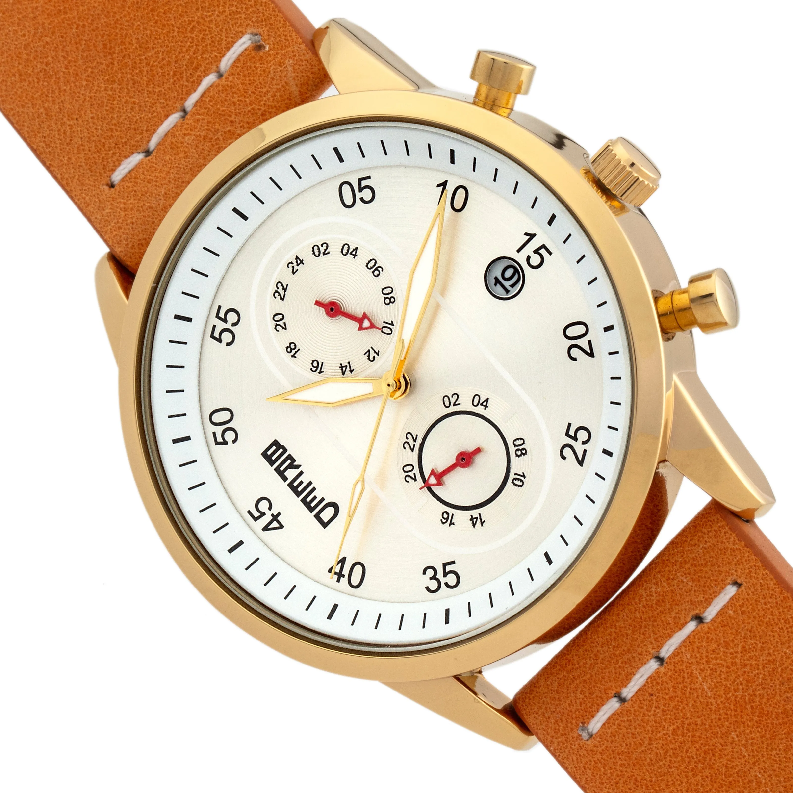 Breed Andreas Leather-Band Watch w/ Date - Gold/Camel