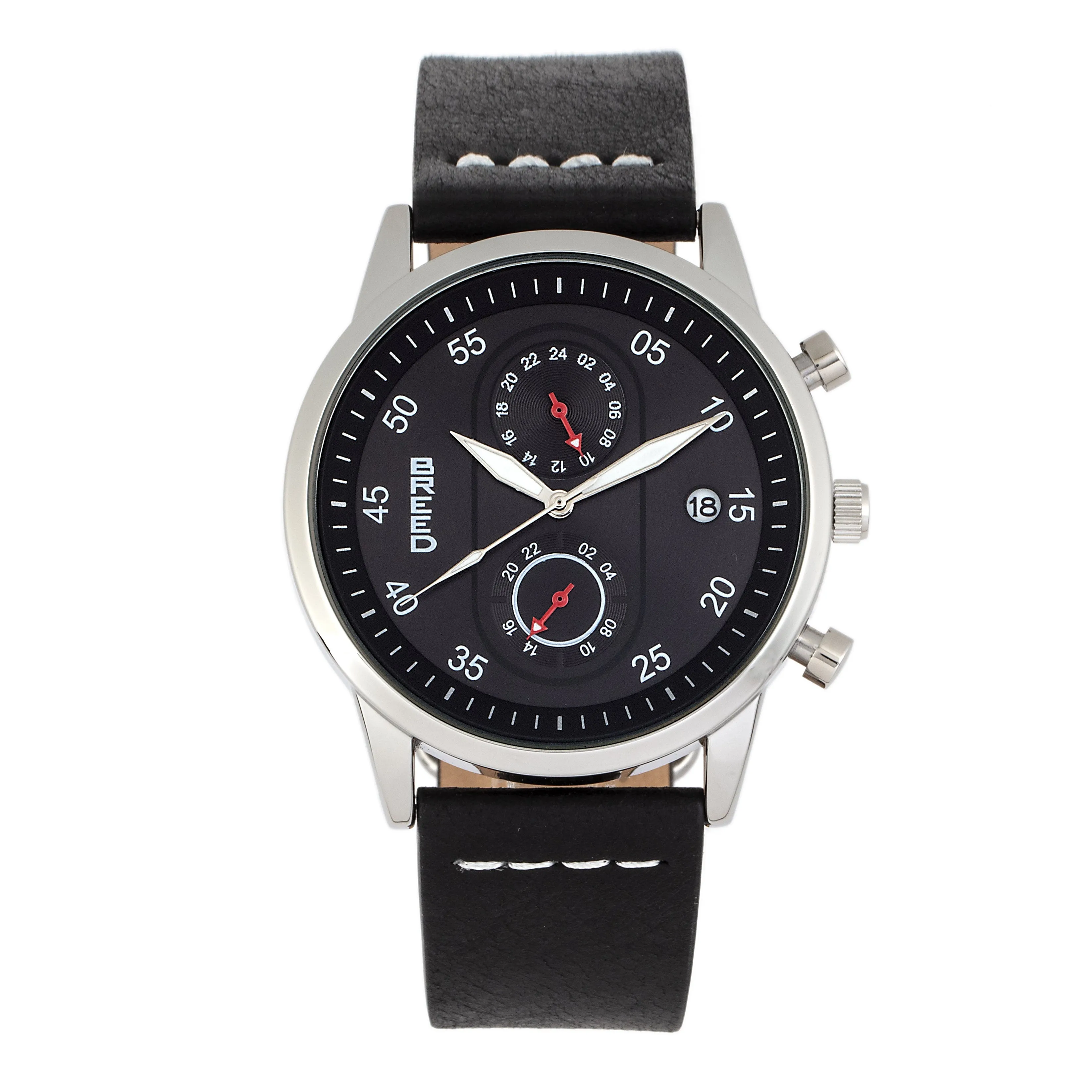 Breed Andreas Leather-Band Watch w/ Date - Silver/Black