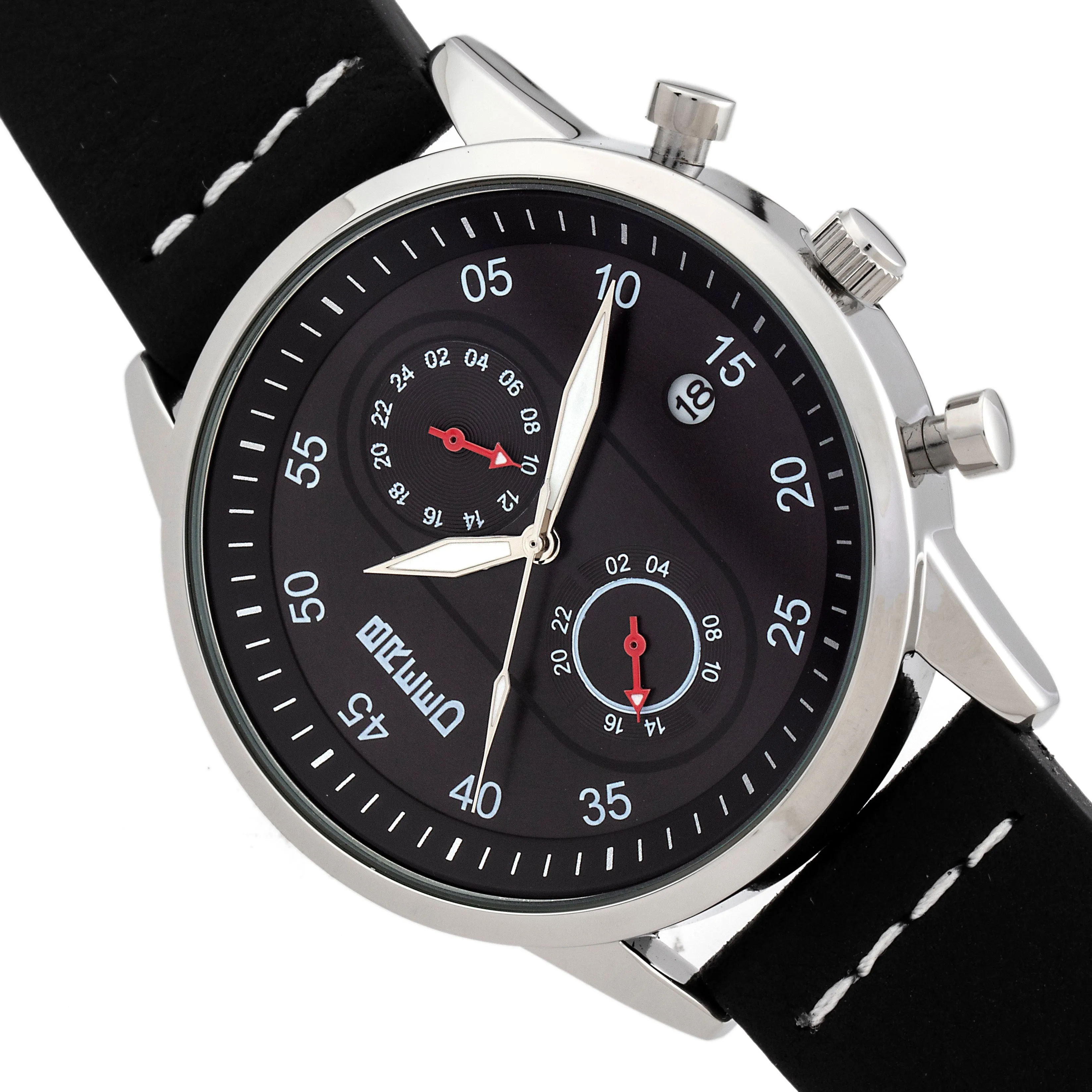 Breed Andreas Leather-Band Watch w/ Date - Silver/Black