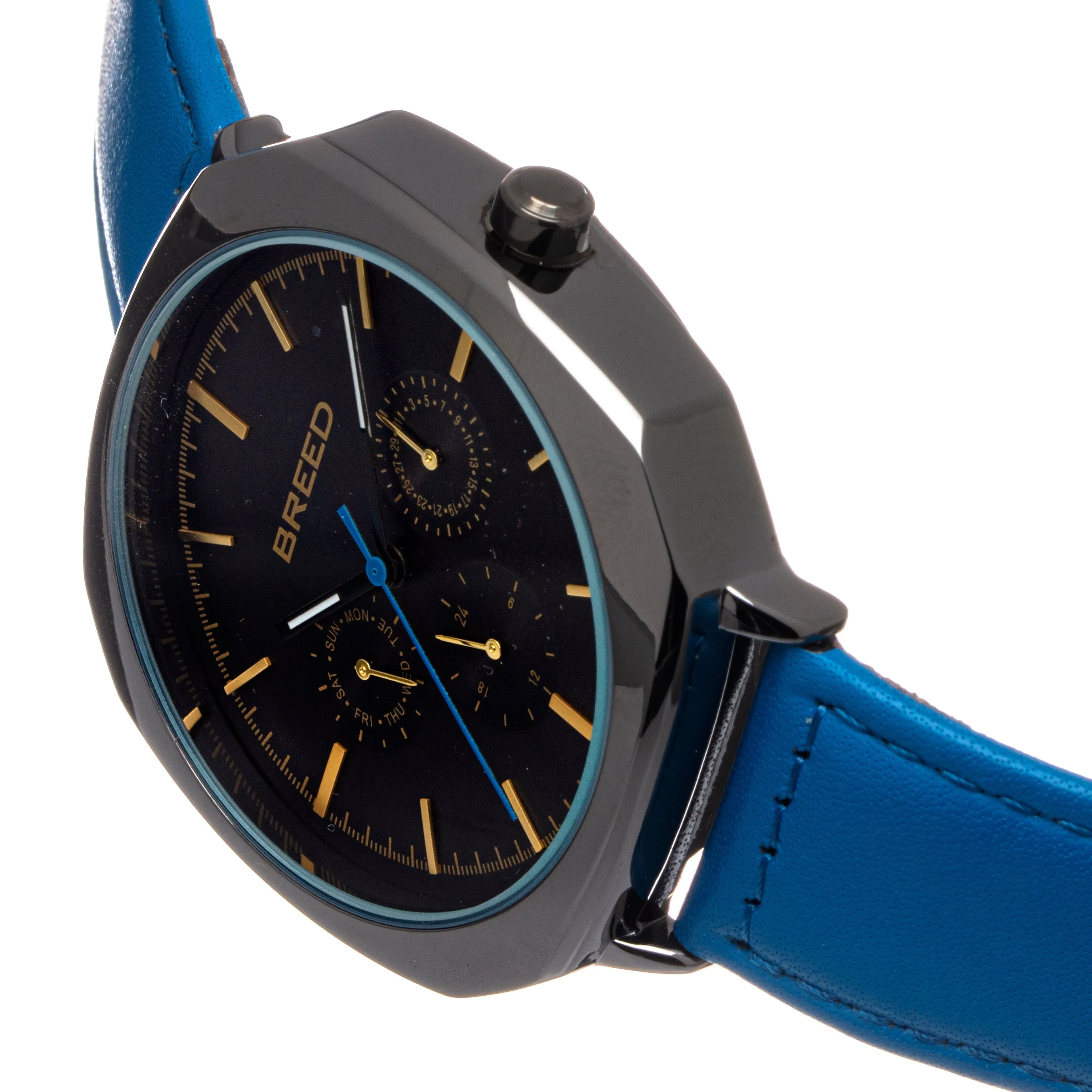 Breed Revolver Leather-Band Watch w/Day/Date - Blue/Black