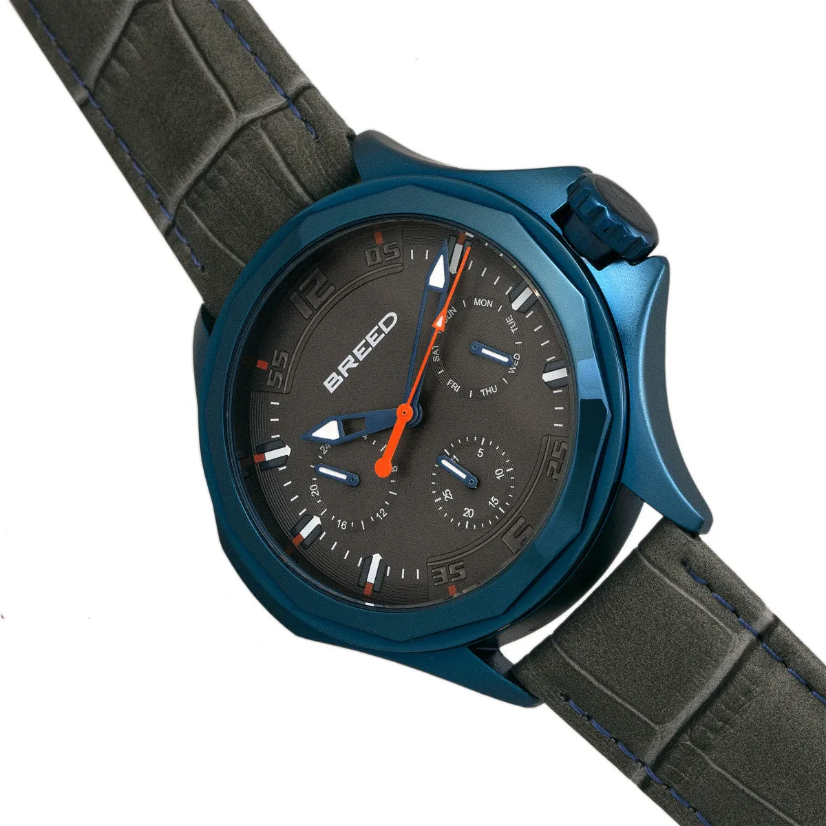 Breed Tempe Leather-Band Watch w/Day/Date - Gray/Blue