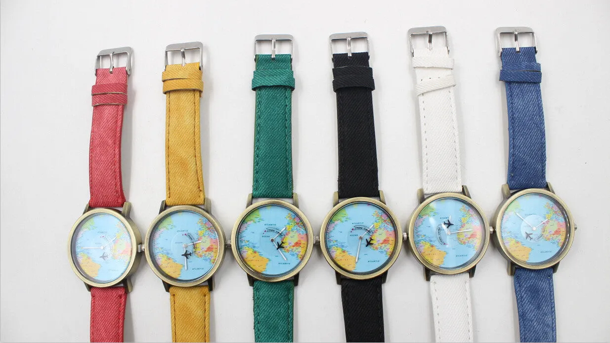 Denim Print Strap Map Plane Watch