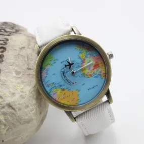 Denim Print Strap Map Plane Watch