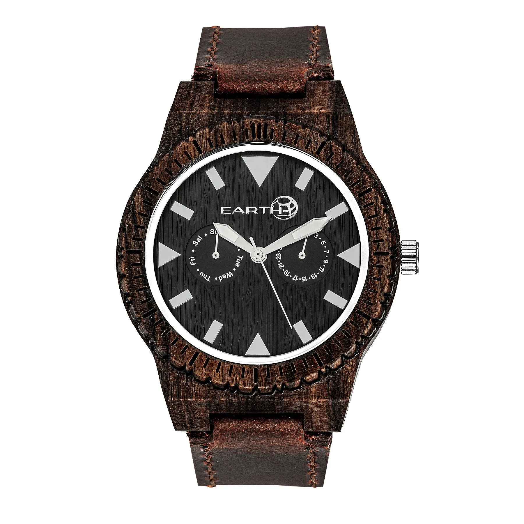 Earth Wood Hyperion Leather-Band Watch w/Day/Date - Dark Brown