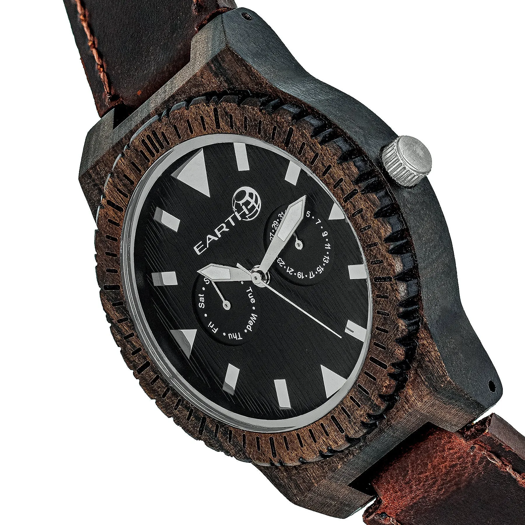 Earth Wood Hyperion Leather-Band Watch w/Day/Date - Dark Brown