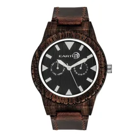 Earth Wood Hyperion Leather-Band Watch w/Day/Date - Dark Brown
