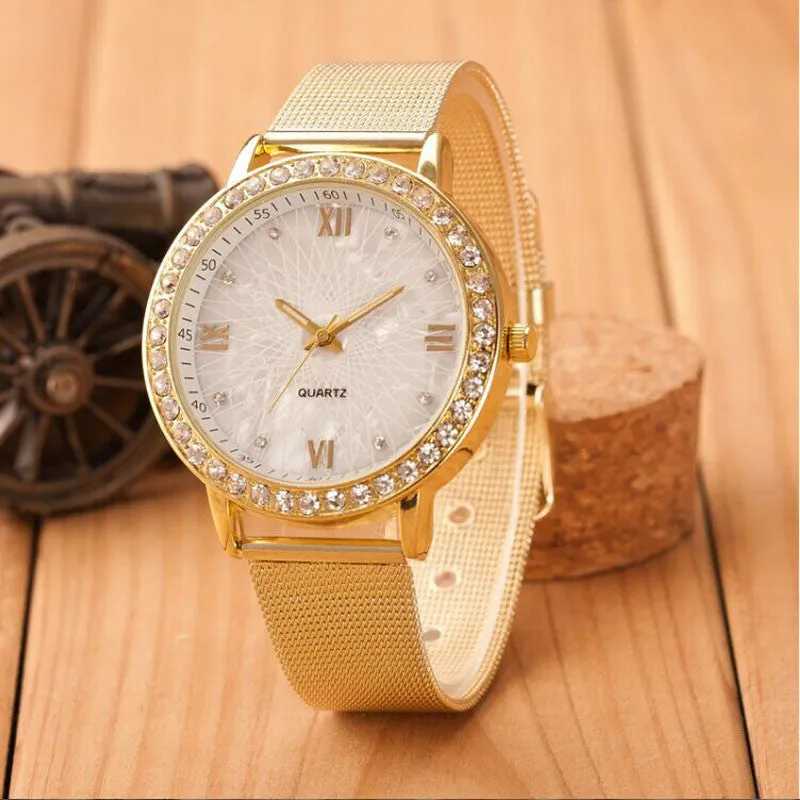 Elegant Crystal Roman Numerals Metal Mesh Wristwatch for Women