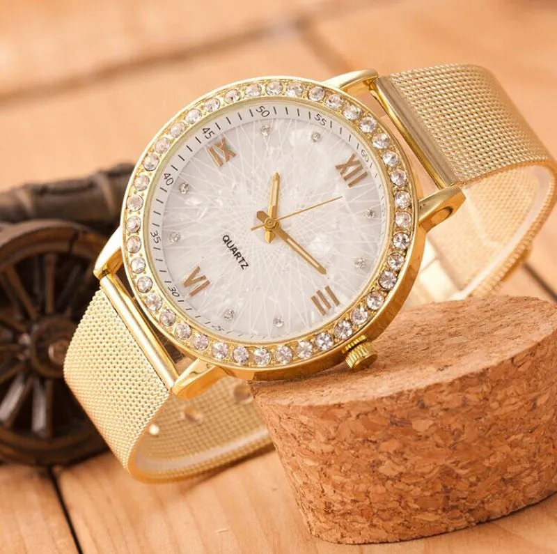 Elegant Crystal Roman Numerals Metal Mesh Wristwatch for Women