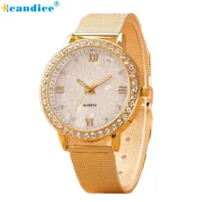 Elegant Crystal Roman Numerals Metal Mesh Wristwatch for Women