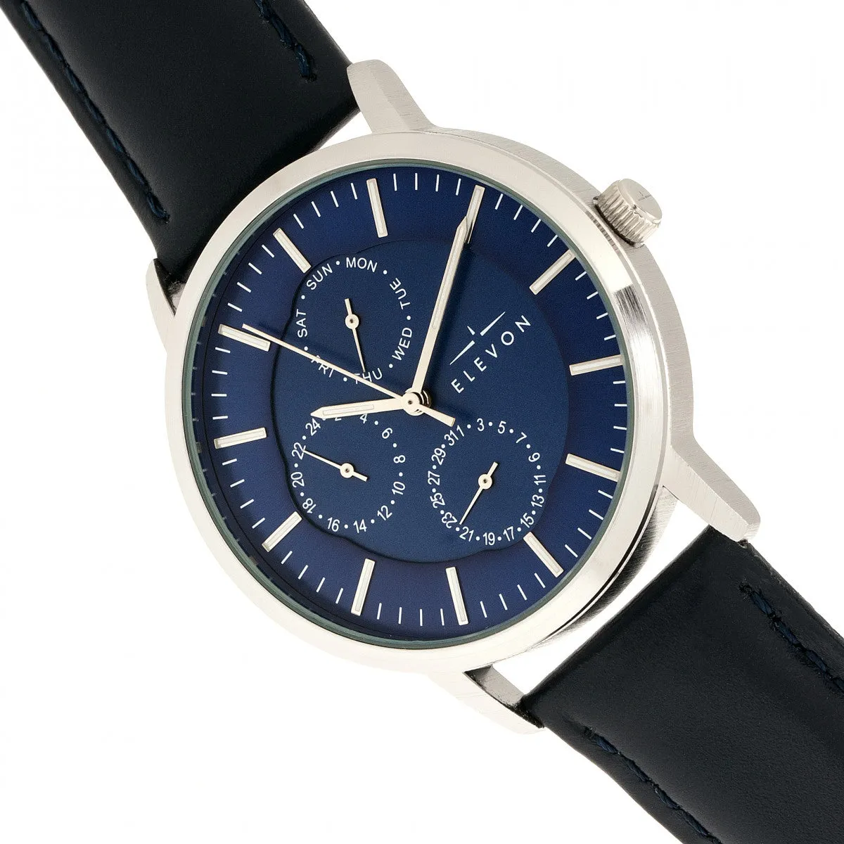 Elevon Lear Leather-Band Watch w/Day/Date - Blue
