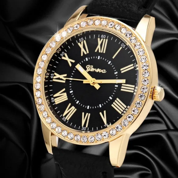 Fashion Women Analog Synthetic Leather Watchband Rhinestone Decoration Quartz Casual Watch Wristwatch