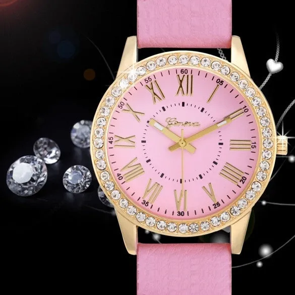 Fashion Women Analog Synthetic Leather Watchband Rhinestone Decoration Quartz Casual Watch Wristwatch